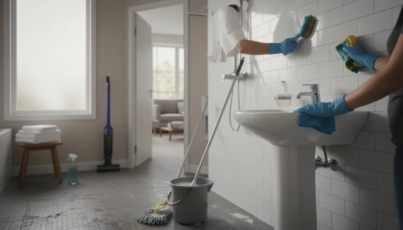 Hænder i handsker rengør og polerer fliser og armaturer i et lyst, moderne badeværelse.