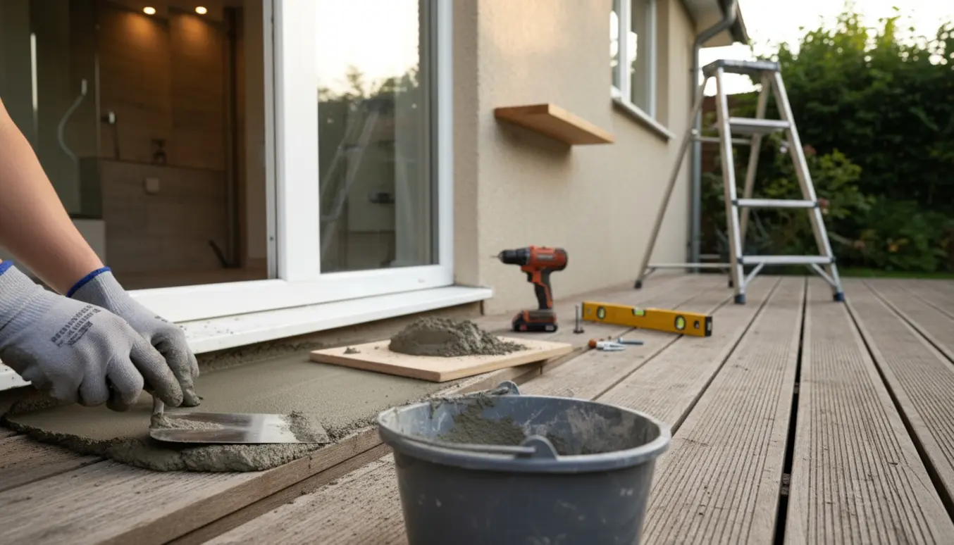 Hænder glatter frisk cement ud på et udendørs dørtrin med værktøj og nyopmonteret reol ved havedøren, og gennem døren skimtes et badeværelse med tændte spots.