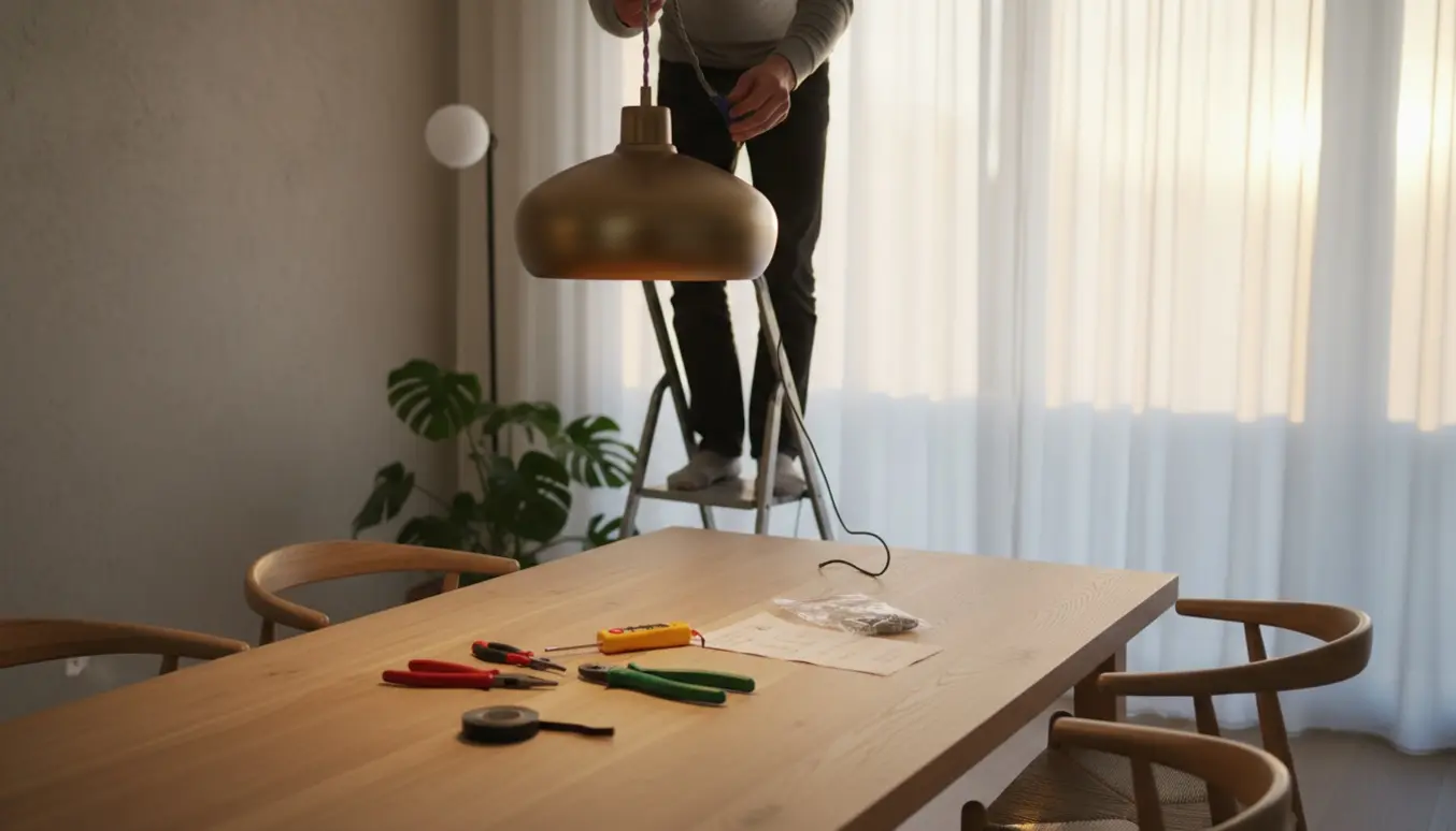 Hænder monterer en pendel over et spisebord med værktøj og ladder i rummet.