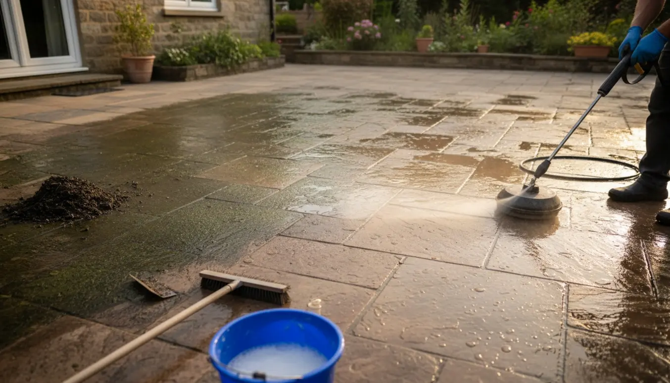 Stor flisebelægning under rengøring med højtryksrenser, hvor snavsede fliser møder nyvaskede våde fliser.