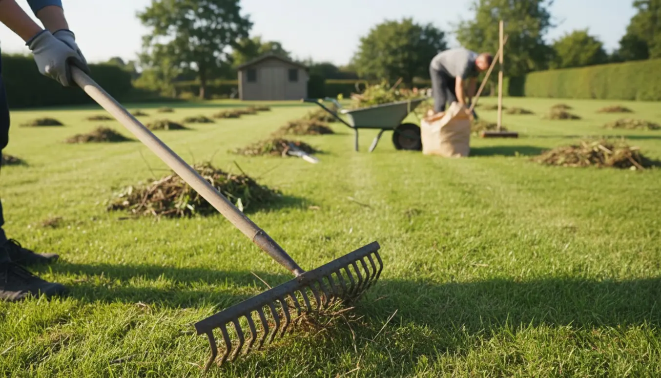Tæt foto af rive, trillebør og bunker af ukrudt og små grene på en stor græsplæne under havearbejde.