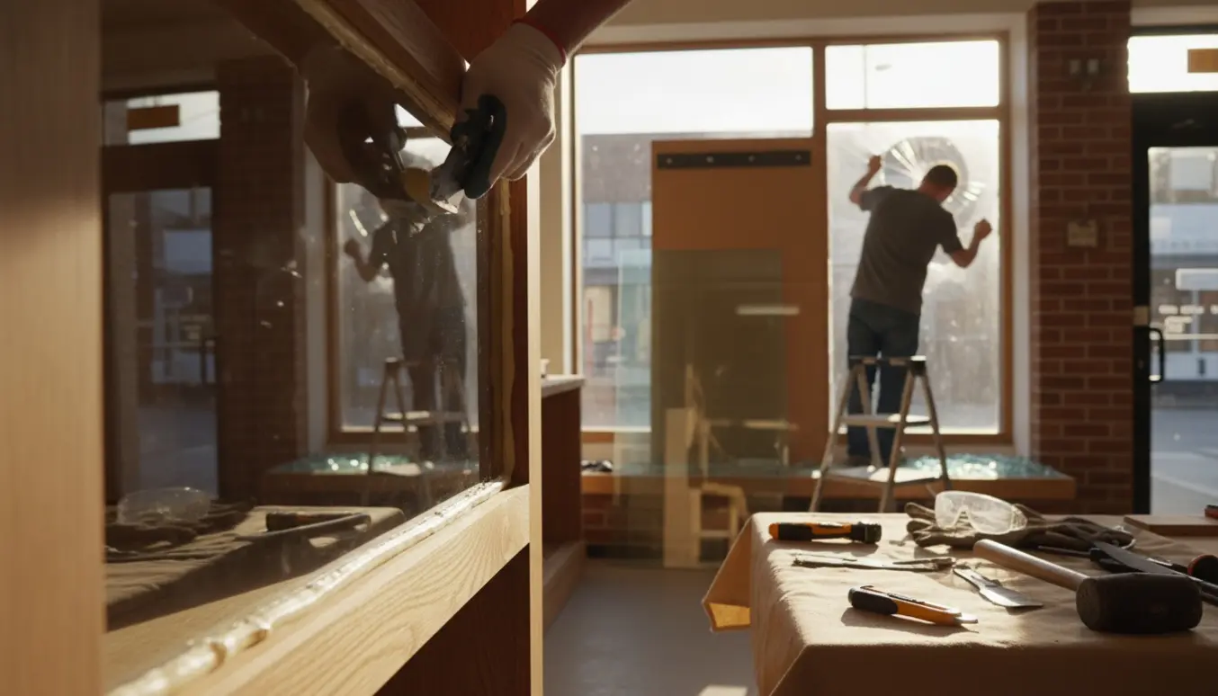 Håndværker med handsker sætter nyt glas i et vitrineskab, mens et punkteret facadeglas fjernes i baggrunden.