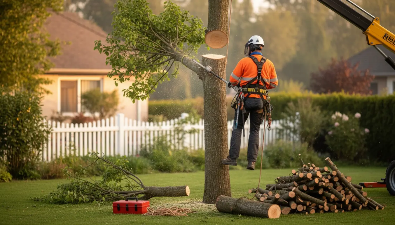 Arborist i sikkerhedsudstyr saver ca. 2 m af trætoppen, mens den afskårne top ligger på græsset.