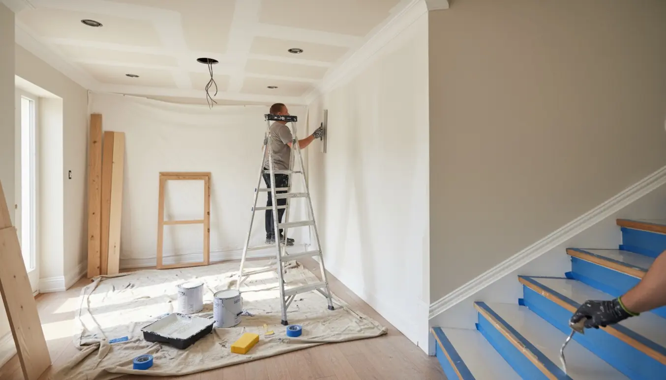 Indgang og spisestue under malerarbejde med nyt loft, udskårne spots, glatte vægge, nye fodlister og nymalede trapper.