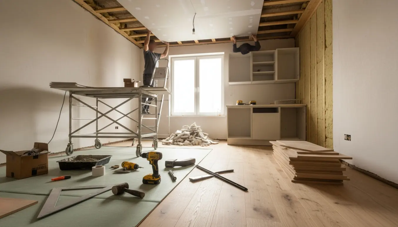 Et lille værelse under renovering med nyt trægulv næsten lagt og gipsloft under montering.