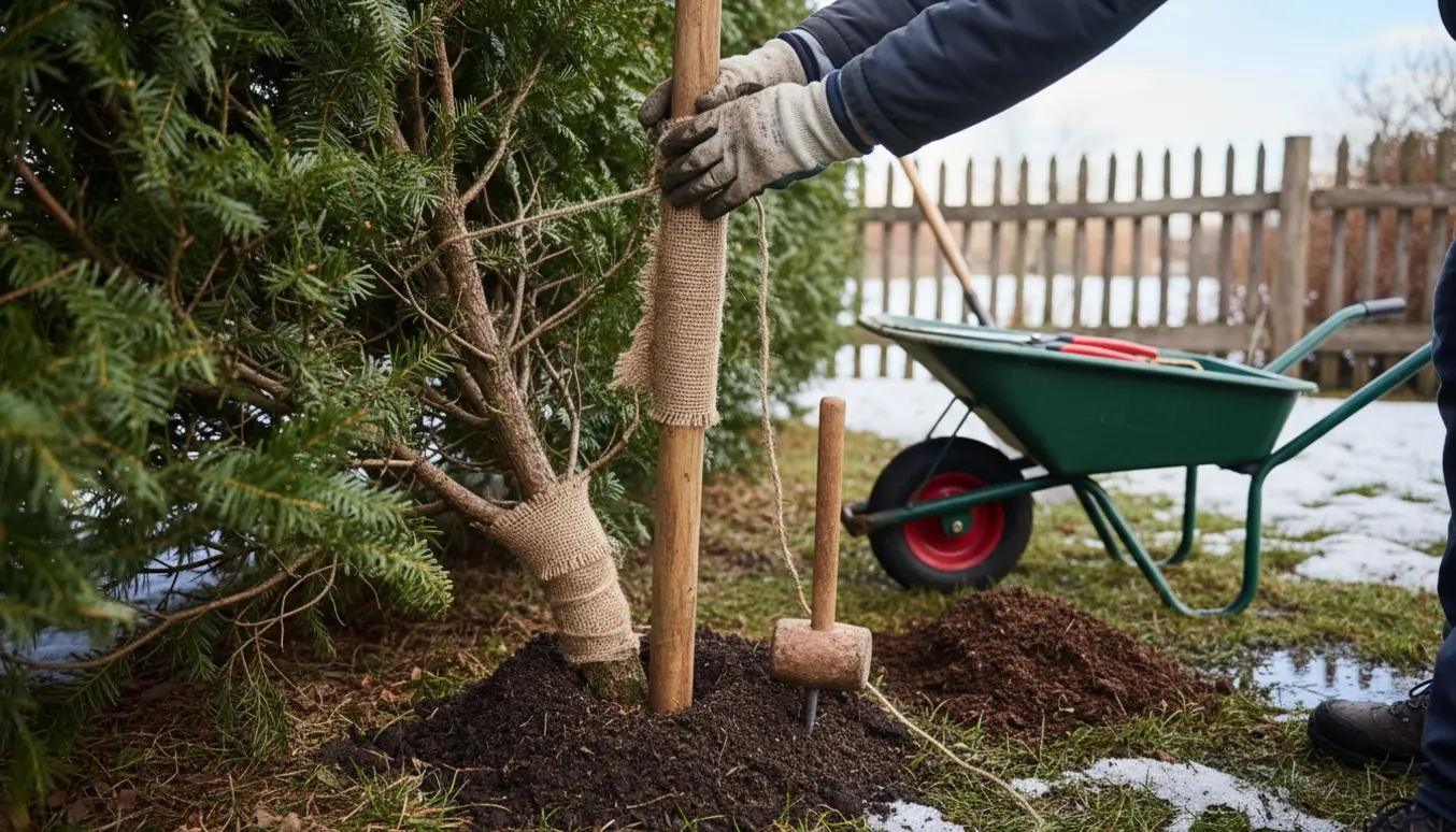 Glædejer binder en væltet hæk op med pæle og snor efter snetryk.