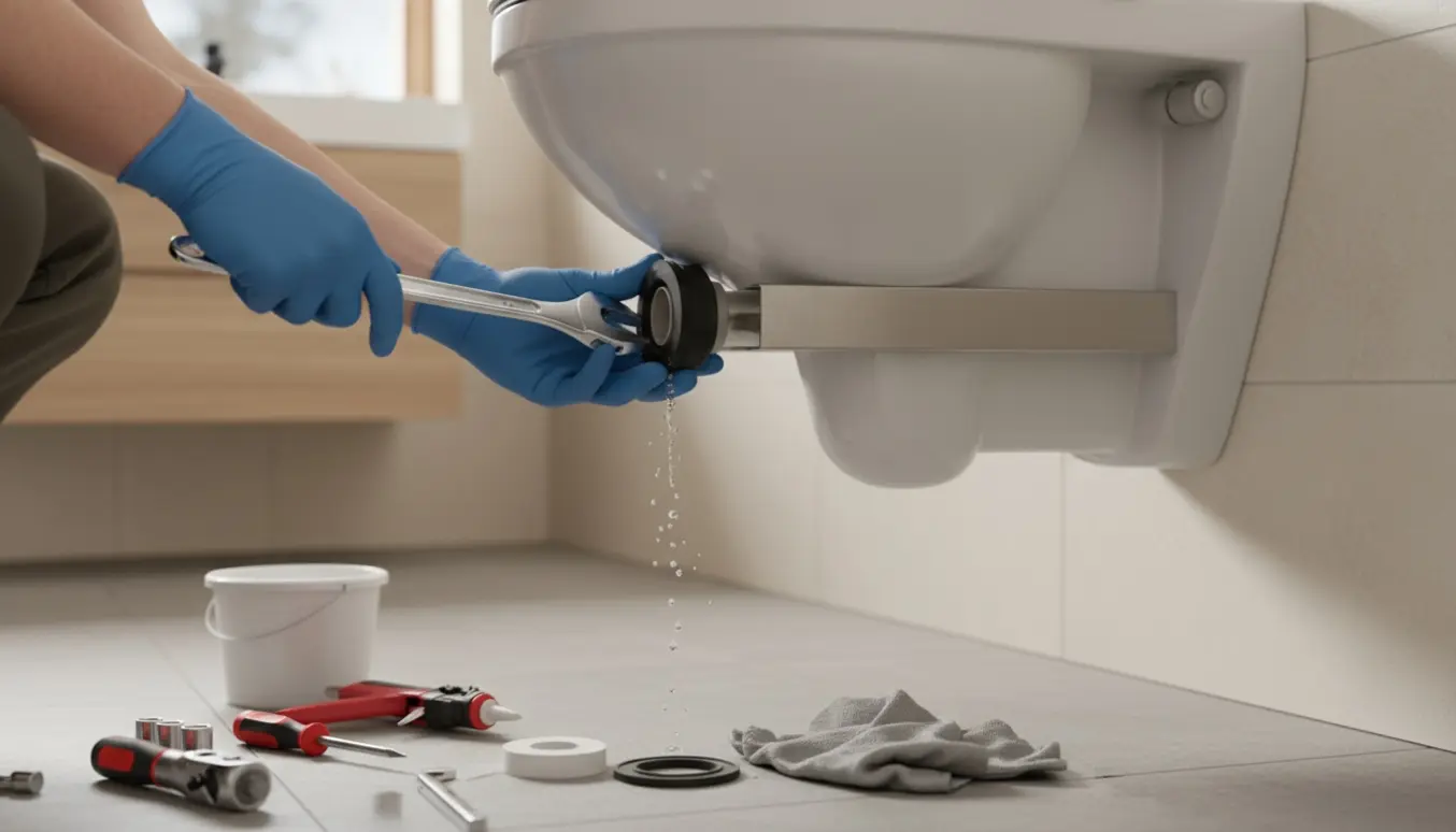 Hænder genmonterer og tætnes et væghængt toilet med værktøj i forgrunden.