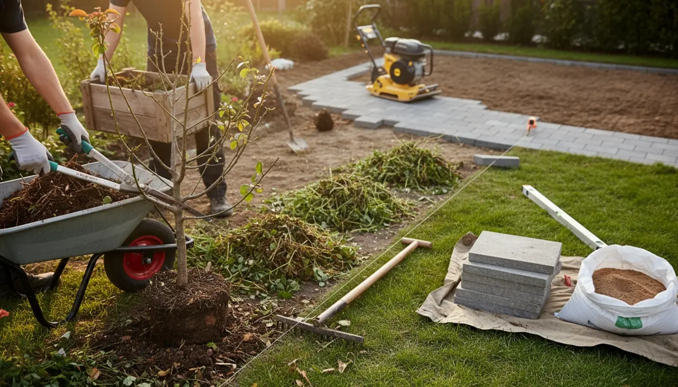 Hænder rydder små træer, buske og blomsterkasser og forbereder jorden til ny fliselægning.