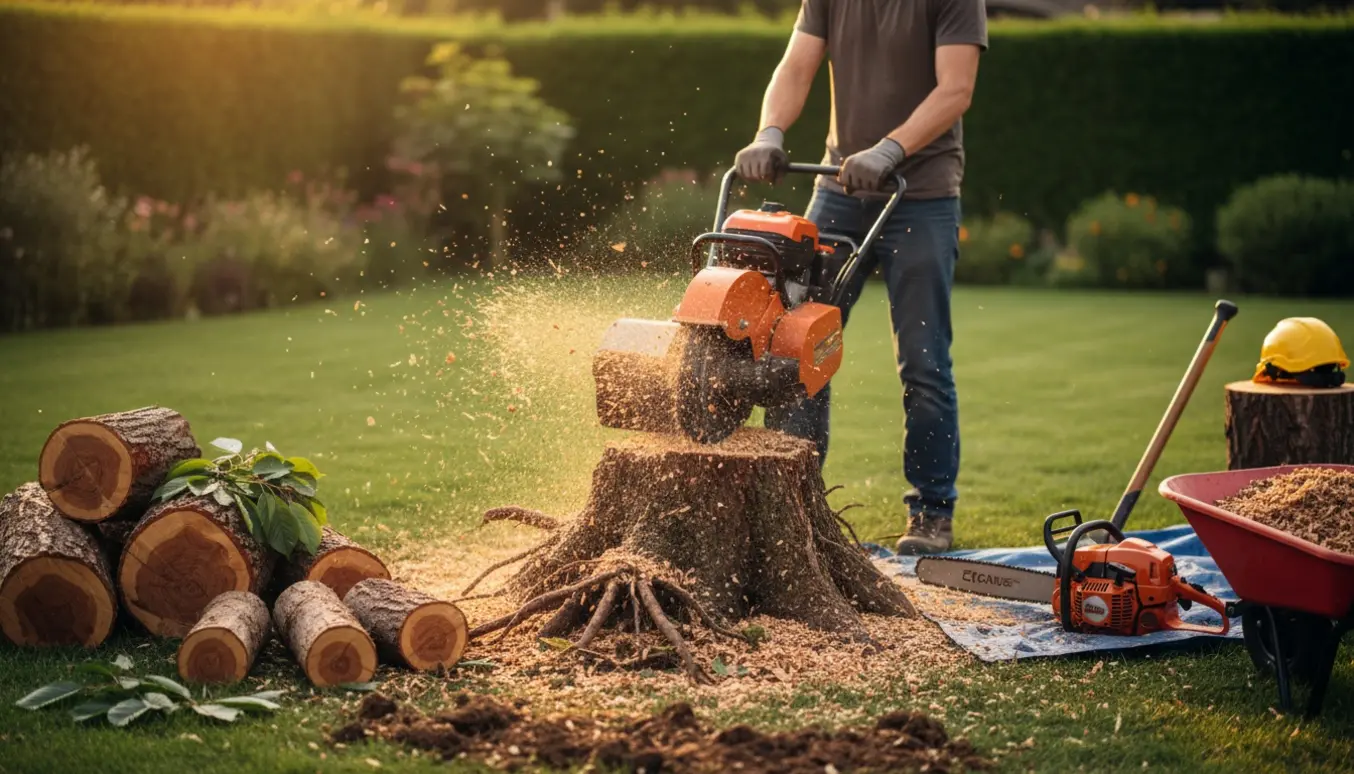 Rodfræsning af en fældet kirsebærstamme i en have med kløvede stammer og træflis.