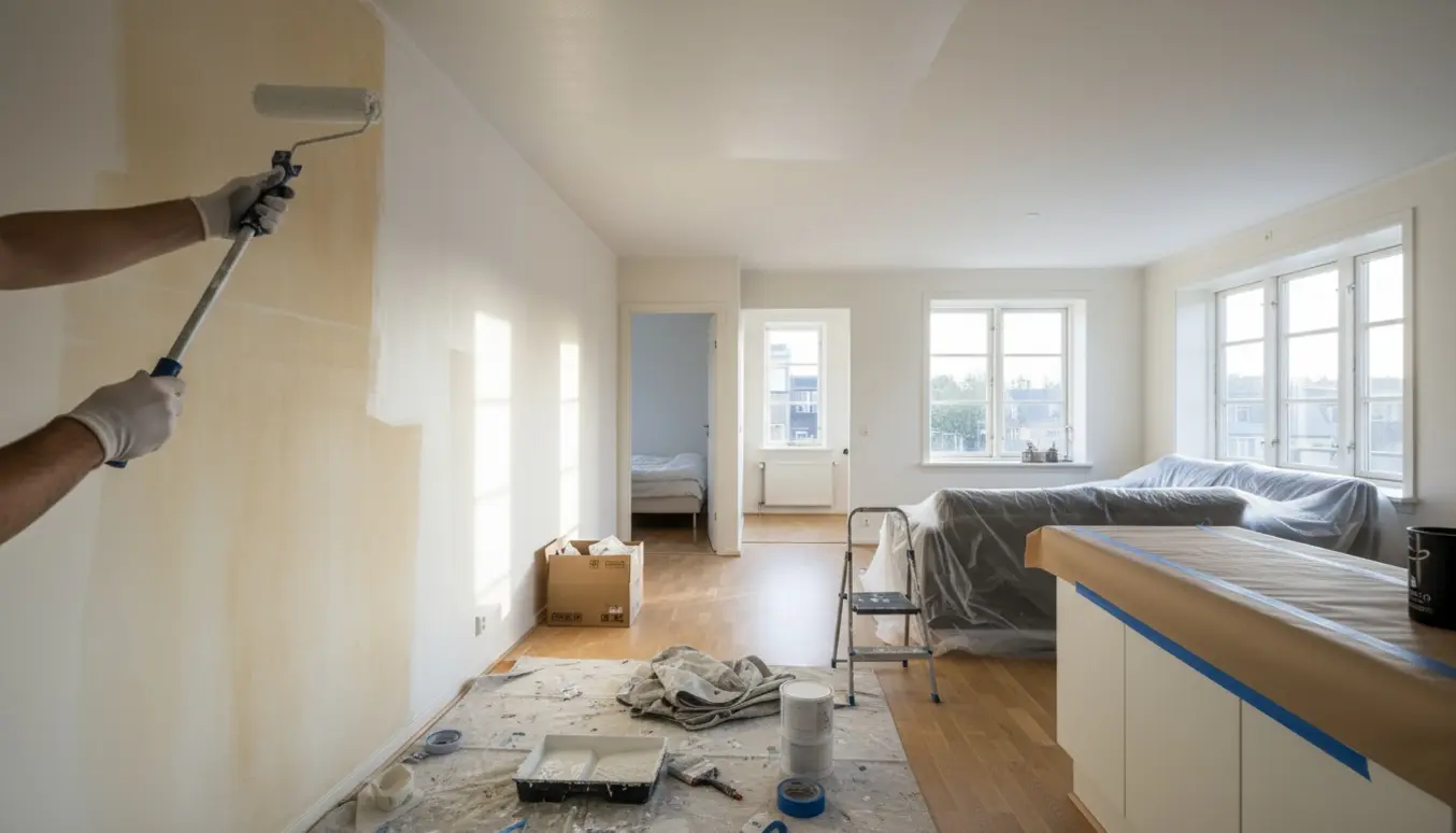 Maler påfører spærremaling og Modehvid på vægge og loft i en lys stue med dækket møbler.