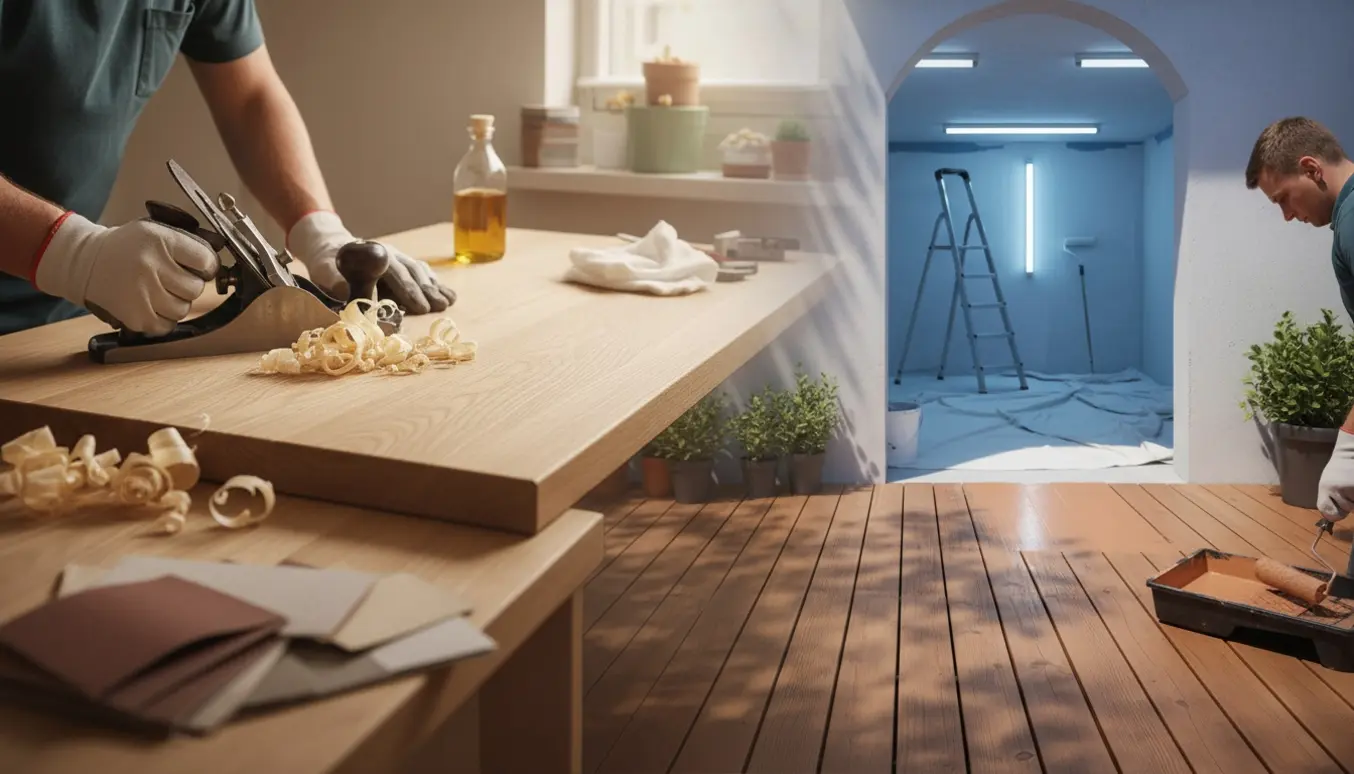 Hænder høvler og olierer et køkkenbord i forgrunden, mens en terrasse males og et kælderrum kan ses under maling i baggrunden.