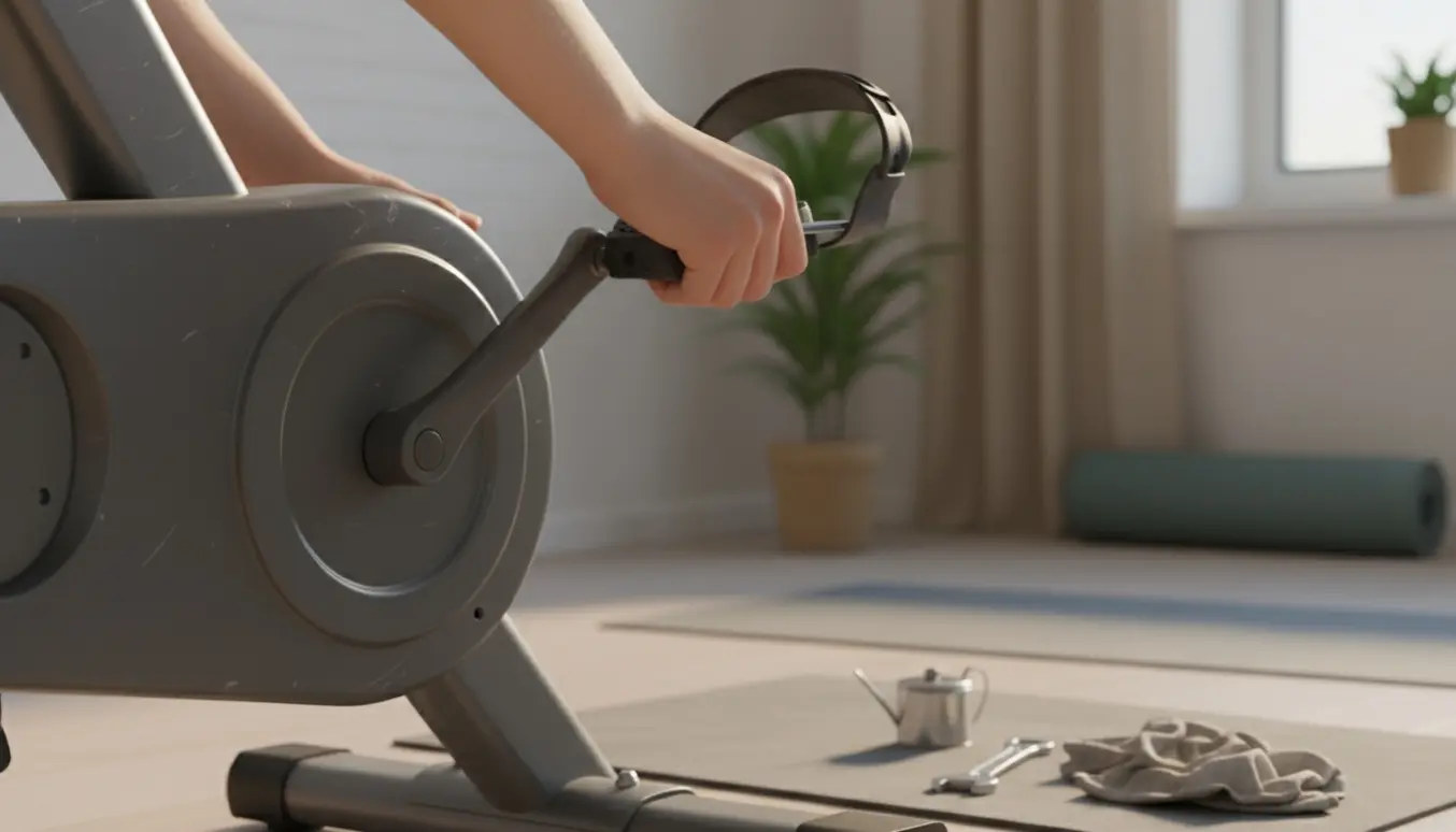 Nærbillede af en motionscykel, hvor hænder inspicerer pedal- og kransområdet for en løs bolt.