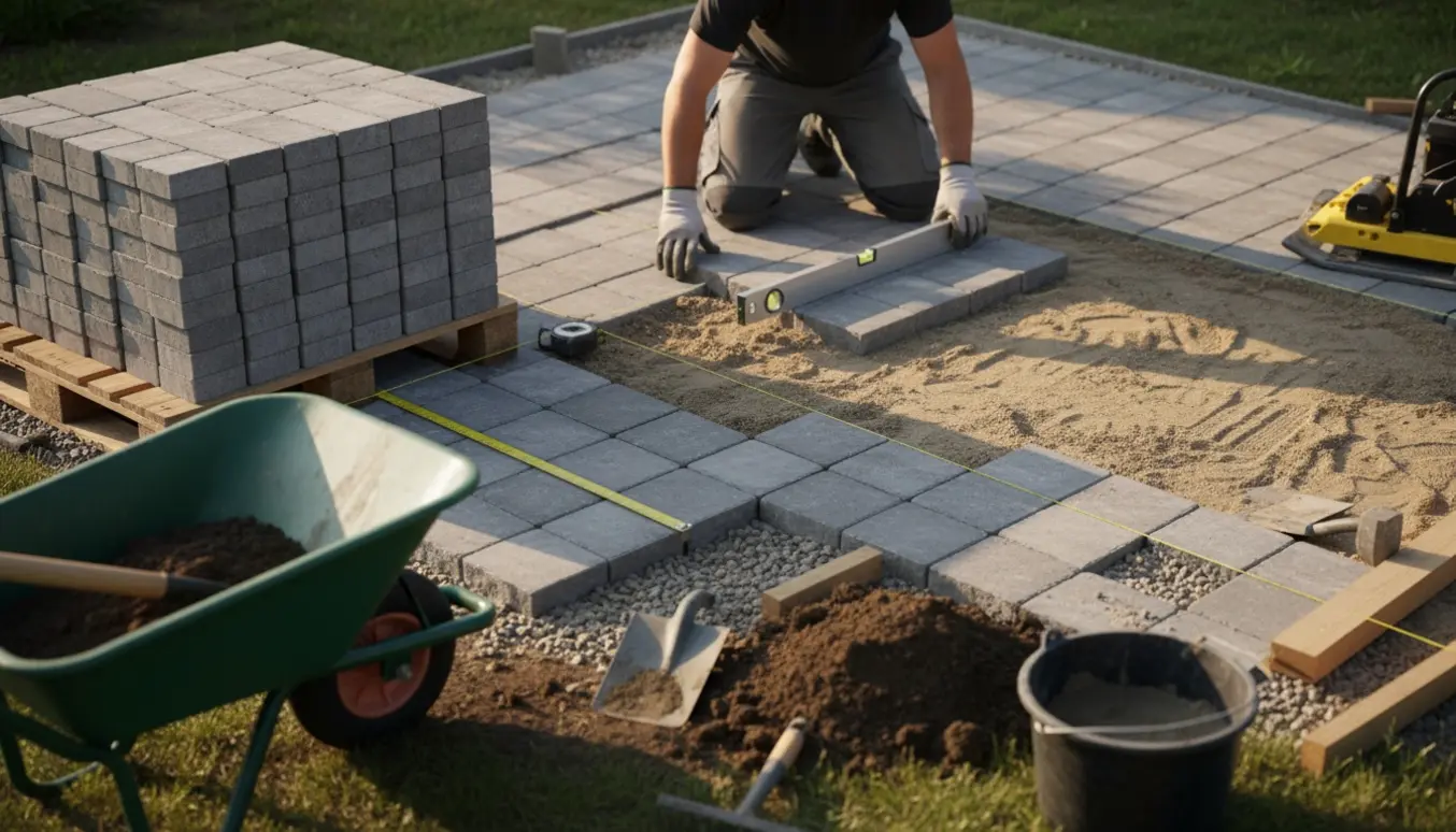 Terrasse på ca. 16 kvm under anlæg med 30×30 fliser, værktøj og fjernet jord.
