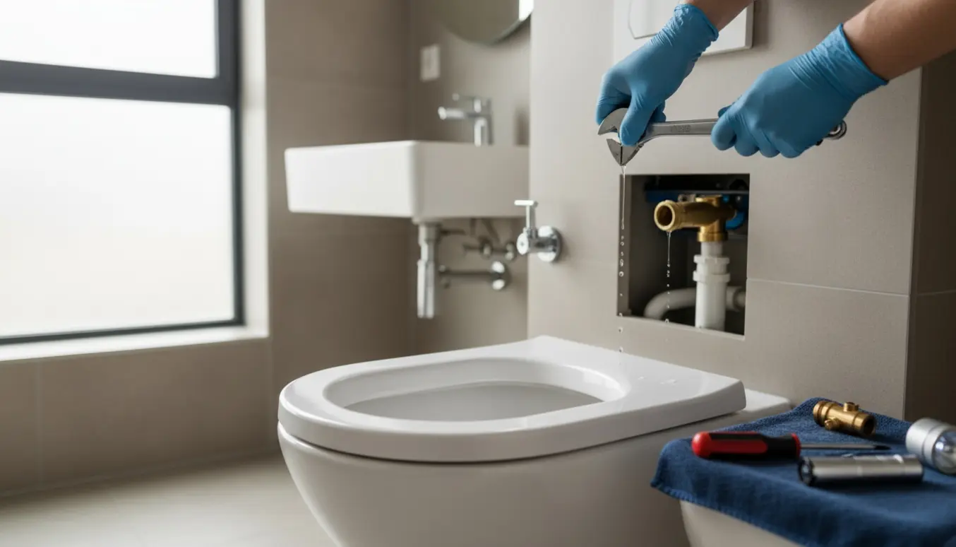 Væghængt toilet med åben cisternemekanisme og en håndværker, der arbejder på vandtilførslen.