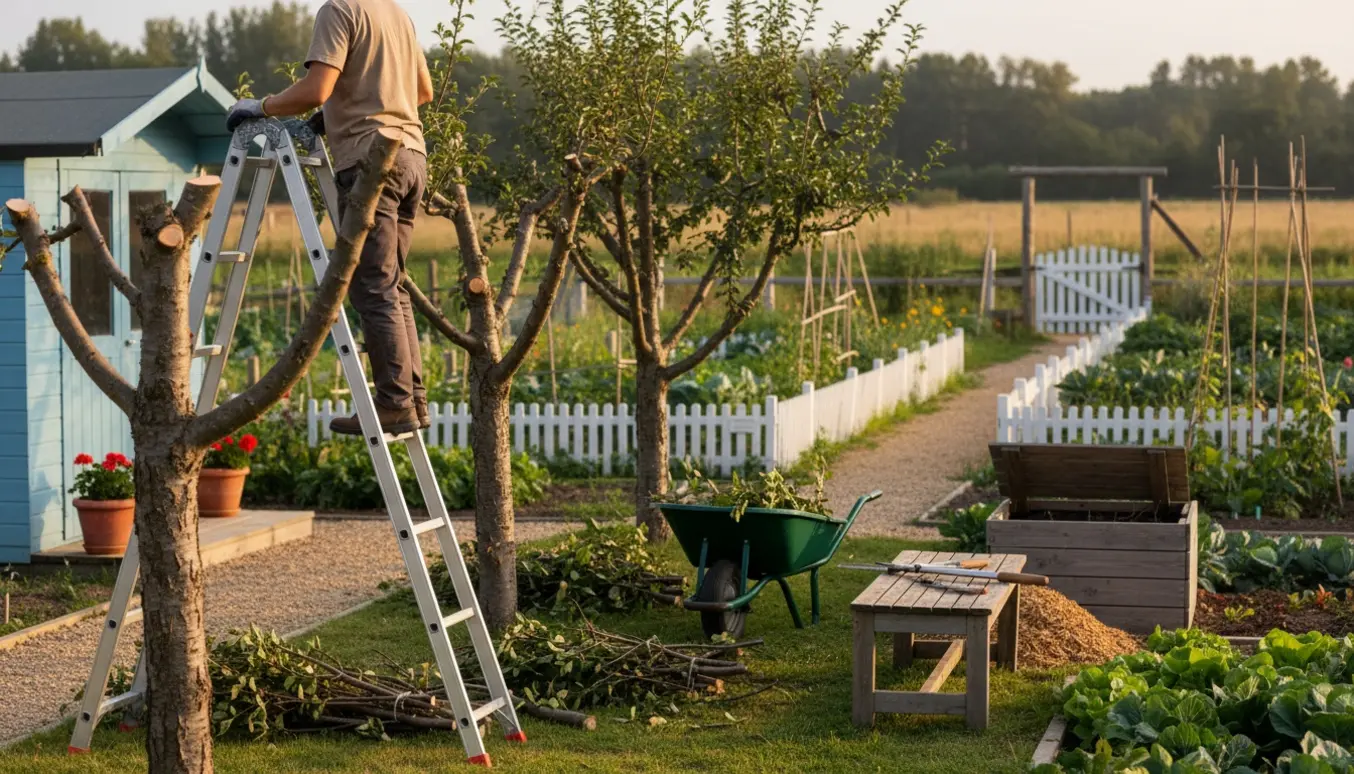 Beskæring af tre træer i en kolonihave med stige, værktøj og bunker af afklippede grene.