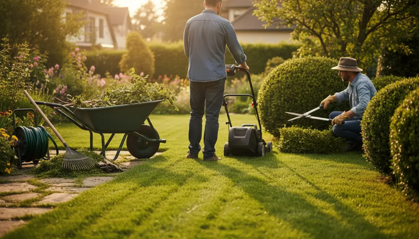 To personer klipper hæk og slår græs i en solrig have med trillebør og haveredskaber.