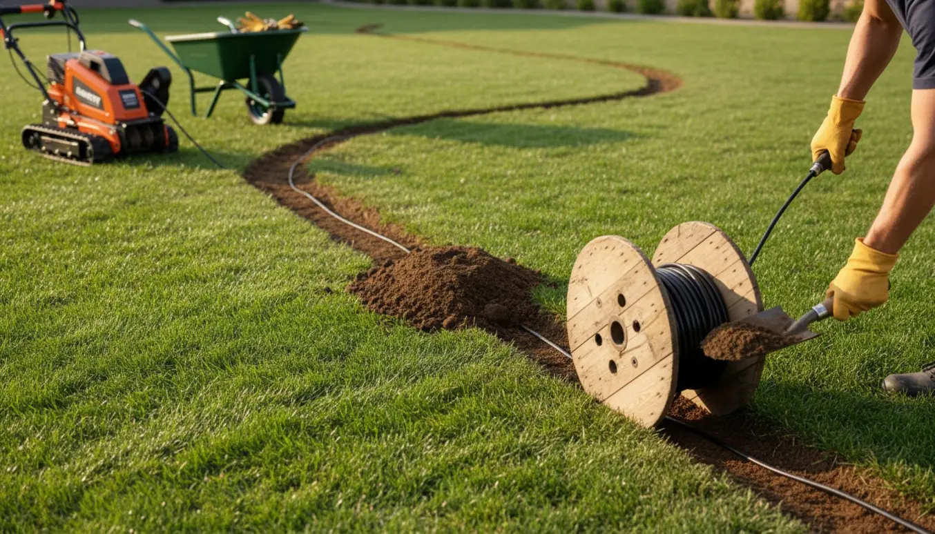 En hånd fører kabel til en automatisk græsslåmaskine ned i en grav mellem to græsplæner.