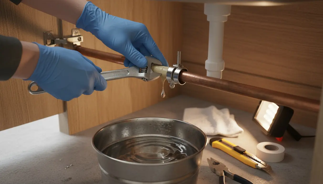 Hænder reparerer midlertidigt et lækkende vandrør under en vask med en spand til at fange dryp.