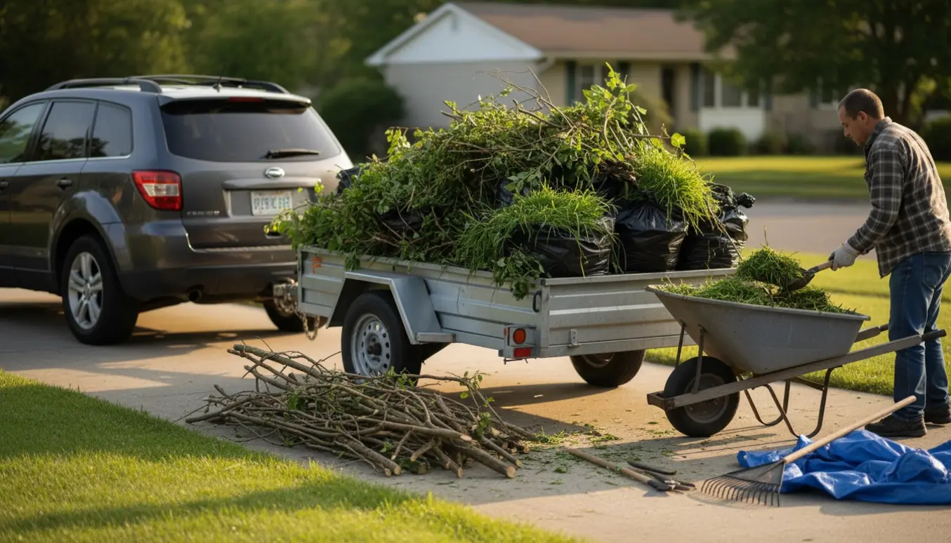 Bil med trailer fyldt med haveaffald på indkørsel, hænder læsser grene og græs.