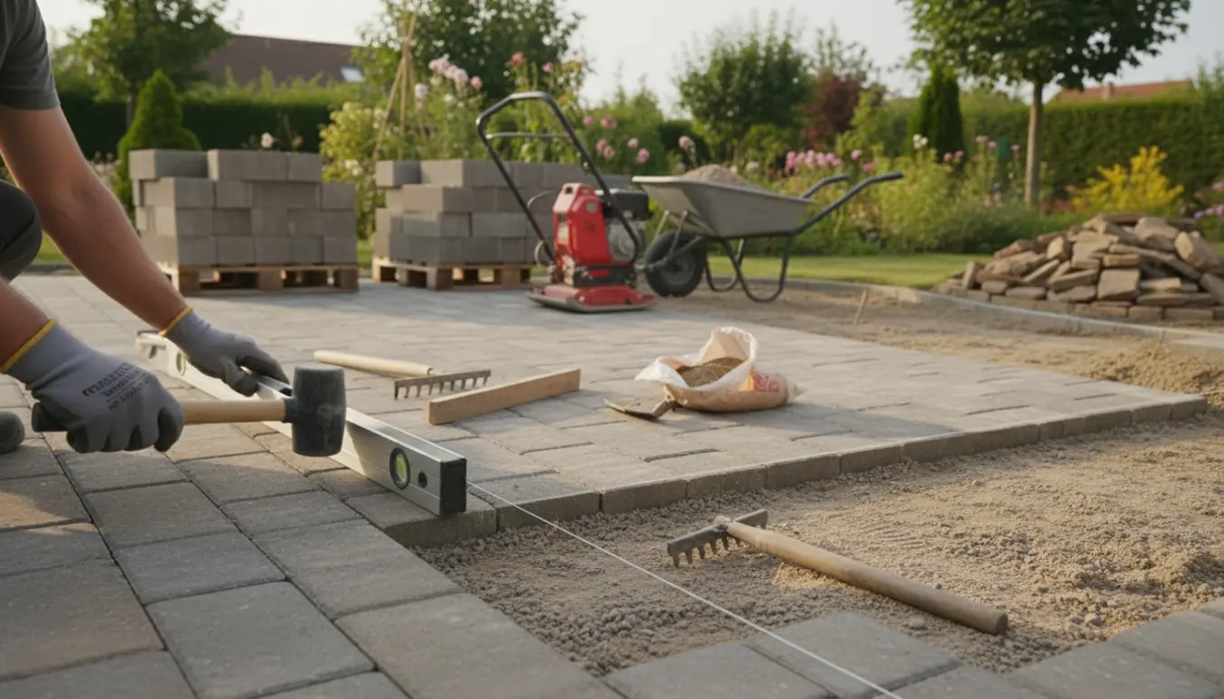 Delvist færdig terrasse med rektangulære fliser og hænder, der lægger og justerer sten med værktøj.