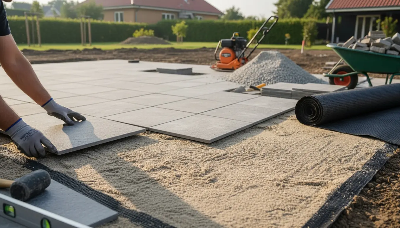 Delvist anlagt terrasse med 60x60 fliser på stabilgrus, sand og dug, værktøj og materialer i baggrunden.