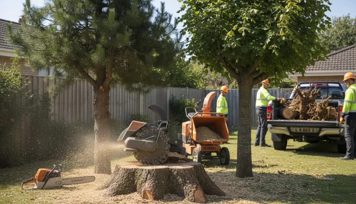 Fældning og rodfræsning af to træer i en have med rodfræser, motorsav og flis klar til bortkørsel.