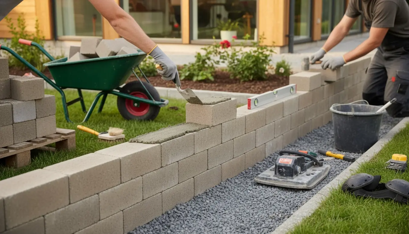 Håndværker bygger en lille støttemur ved huset med betonblokke, mørtel og værktøj.