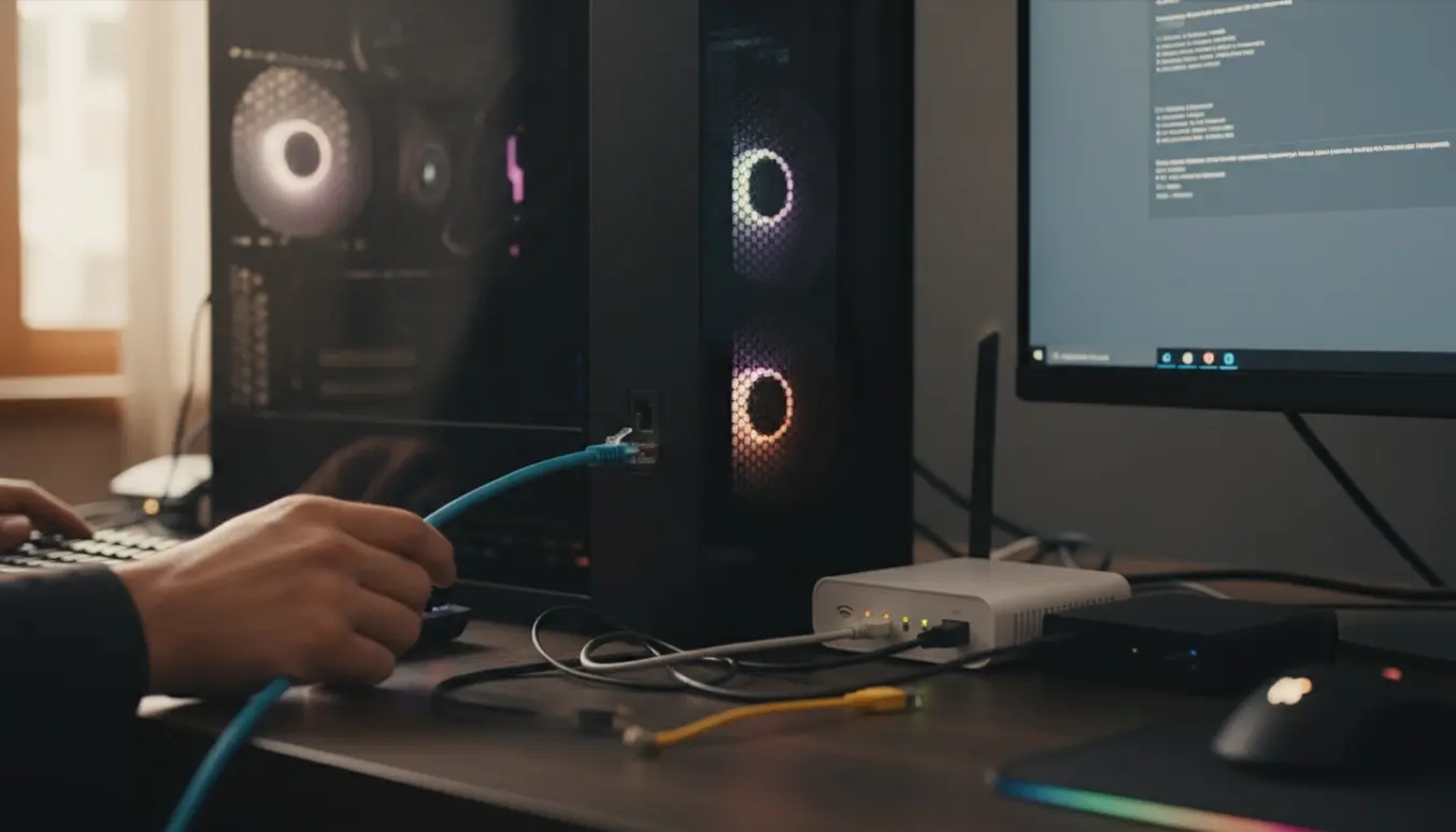 Hænder sætter et Ethernet-kabel i en gaming-PC foran en router med blinkende indikatorlamper.