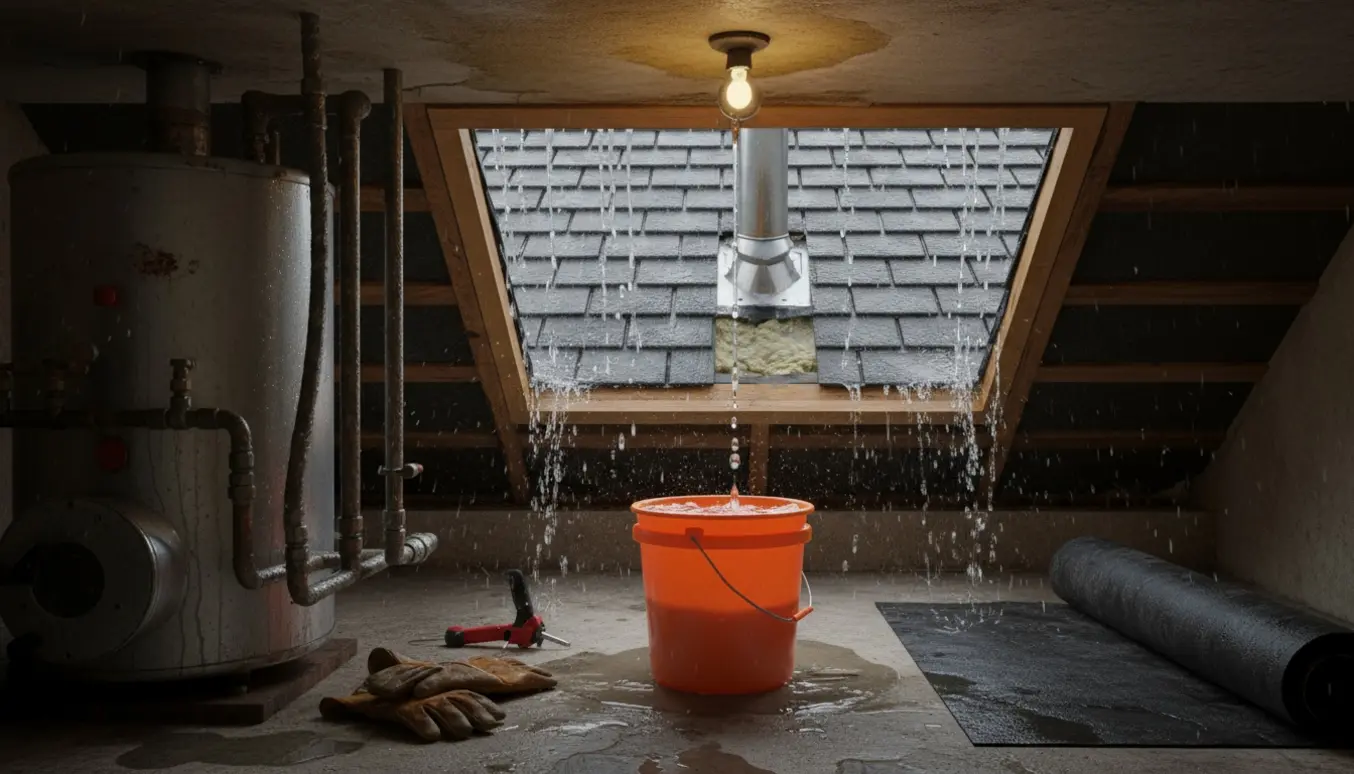 Regn drypper gennem et utæt tag ind i fyrummet, en spand opsamler vandet mens vådt træ og tagmaterialer ses gennem loftslugen.