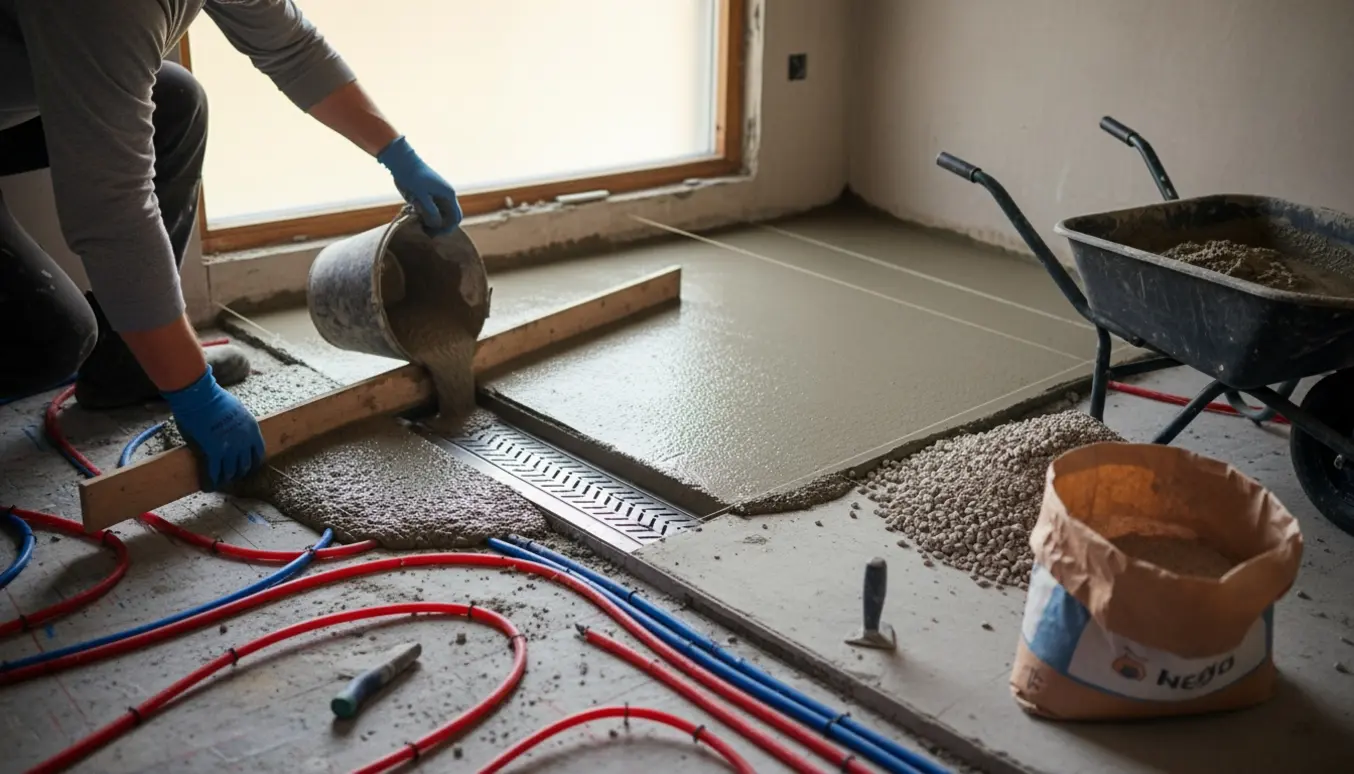Badeværelse under renovering, våd betonstøbning med fald mod en rustfri lineær bruserist og synlige gulvvarmeslanger.