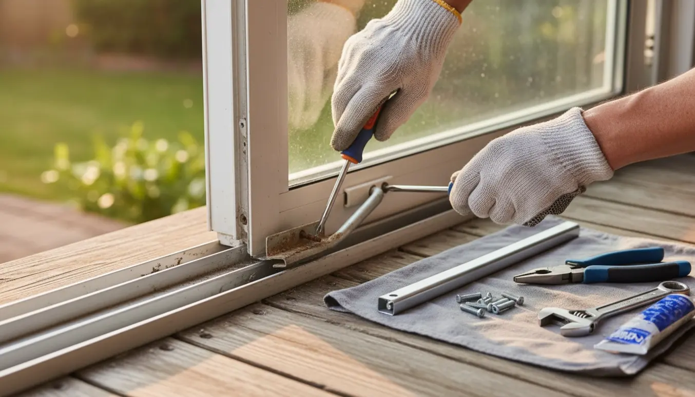 Nærbillede af hænder, der reparerer en beskadiget låsestang i skinnen på en terrassedør med værktøj på træterrassen.
