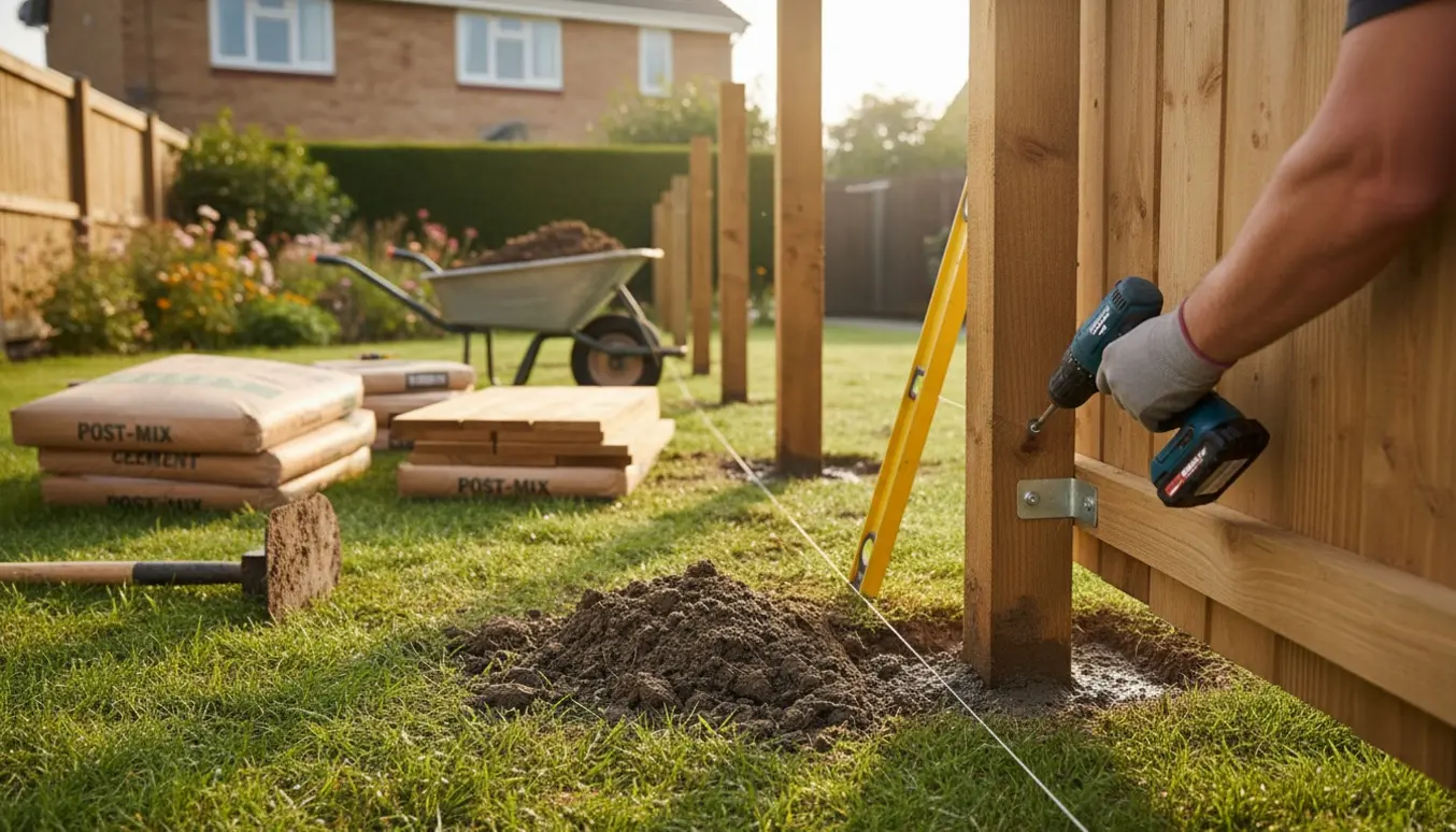 Opsætning af træhegn ved en haveåbning med leverede hegnspaneler og værktøj.