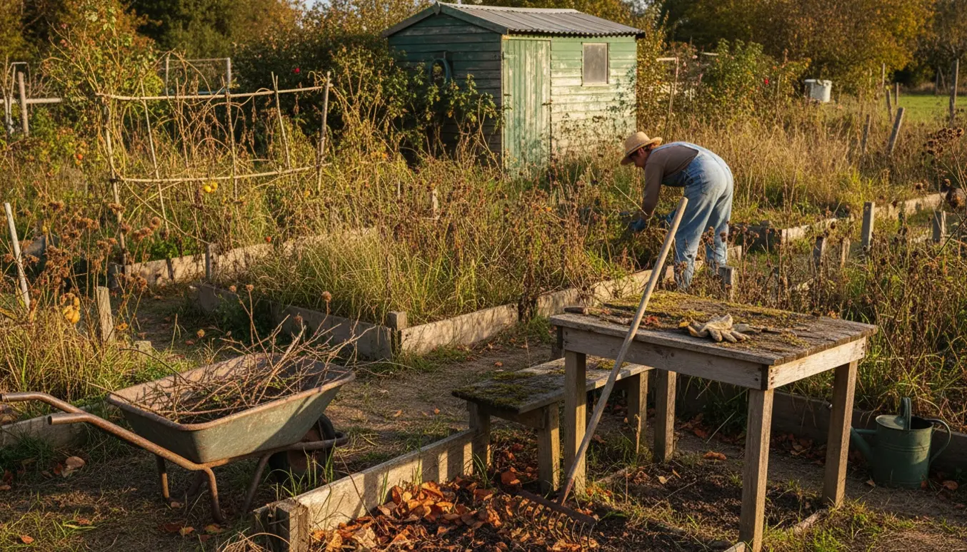 Rodet kolonihave med overgroede bede, haveredskaber og trillebør klar til oprydning.