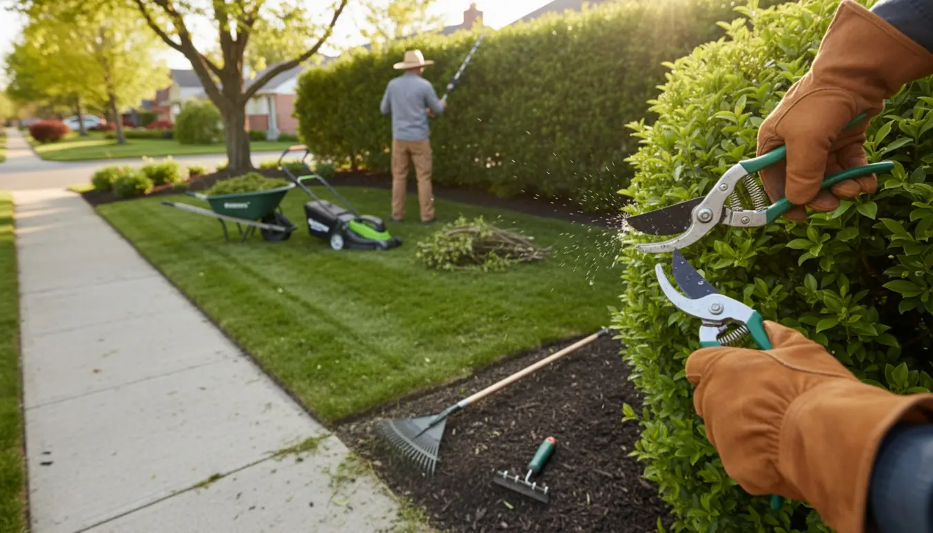 Nærbillede af beskæring i en velordnet forhave med nyslået græs og haveværktøj.