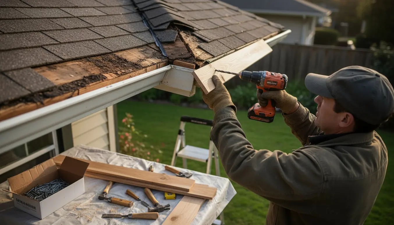 Håndværker udskifter rådne brædder i tagudhænget på et enfamiliehus med stige, nye brædder og værktøj.