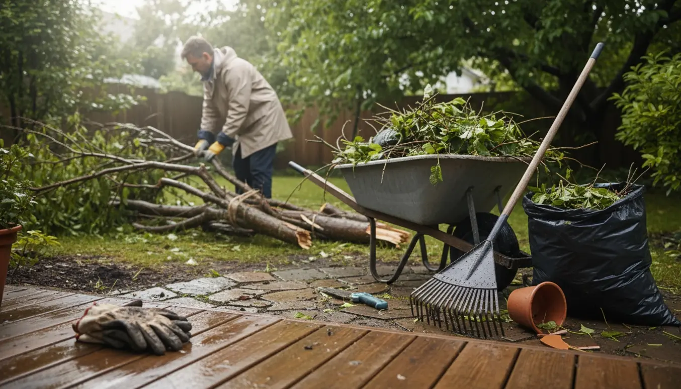 Person rydder akut op i haven med trillebør og samlede grene efter storm.