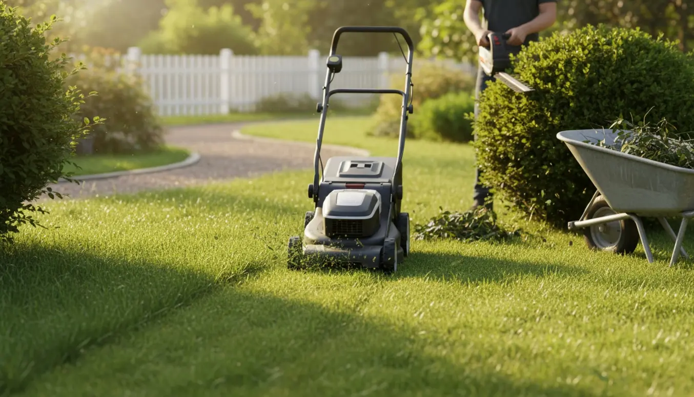 Person set bagfra klipper højt græs og beskærer buske i en solrig have.