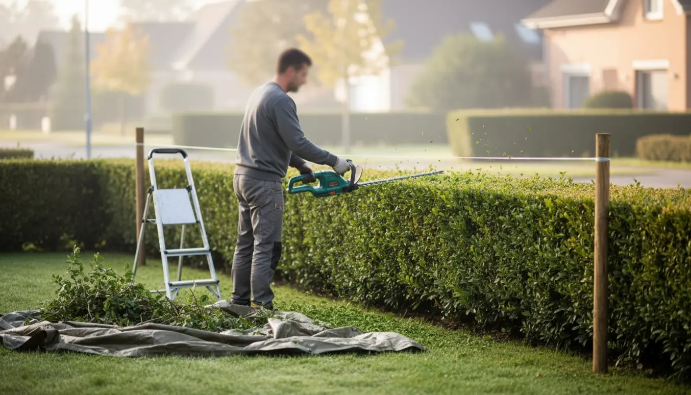 Gartner trimmer og justerer højden på en hæk med en snor som højdeguide og opsamler afklip på en presenning.