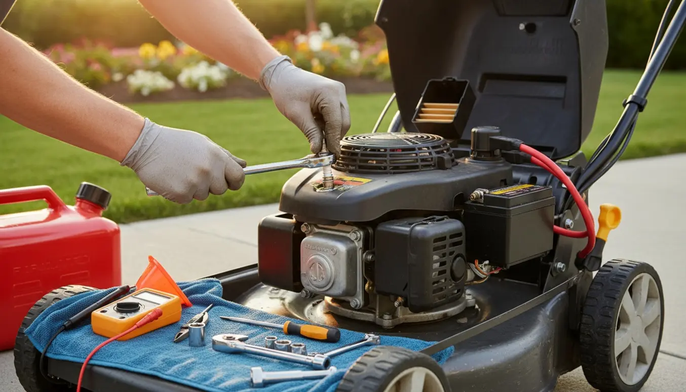 Nærbillede af handskerklædte hænder, der reparerer en benzinplæneklipper med elstart ved siden af værktøj.