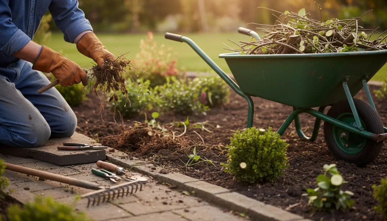 Nærbillede af handsker, der luger bed og fylder en trillebør med beskårne grene i en privat have.