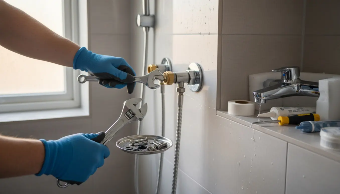 Nærbillede af afmontering og montering af et krom blandingsbatteri i brusebadet med værktøj klar.