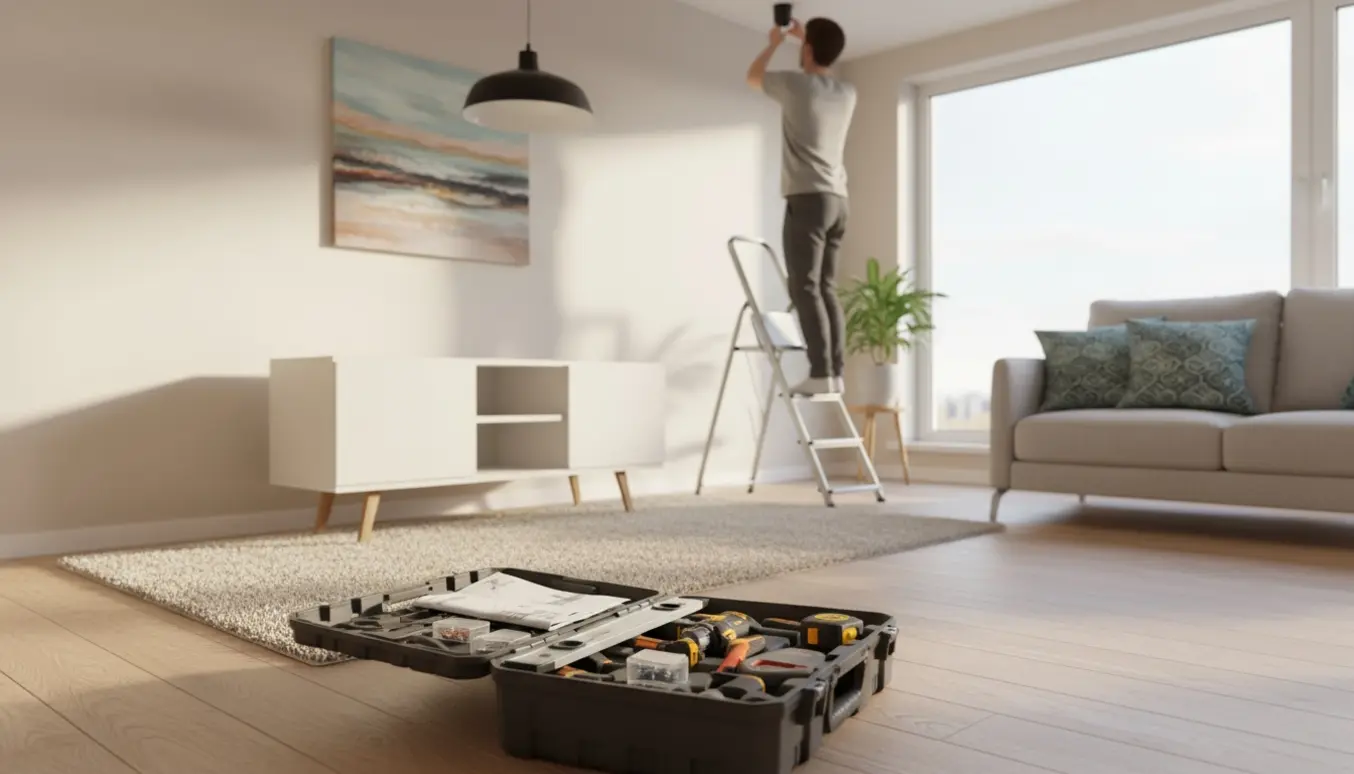 Lille, lyst indrettet lejlighed hvor værktøj ligger fremme og et maleri samt en loftslampe bliver monteret uden synlige ansigter.