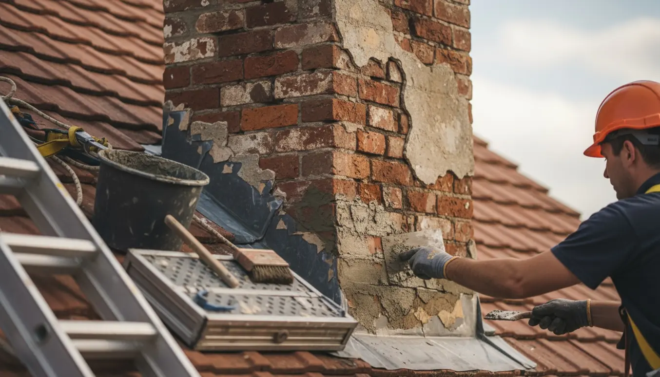 Nærbillede af reparation af en skorsten, hvor en hånd glatter frisk mørtel på med en murske.