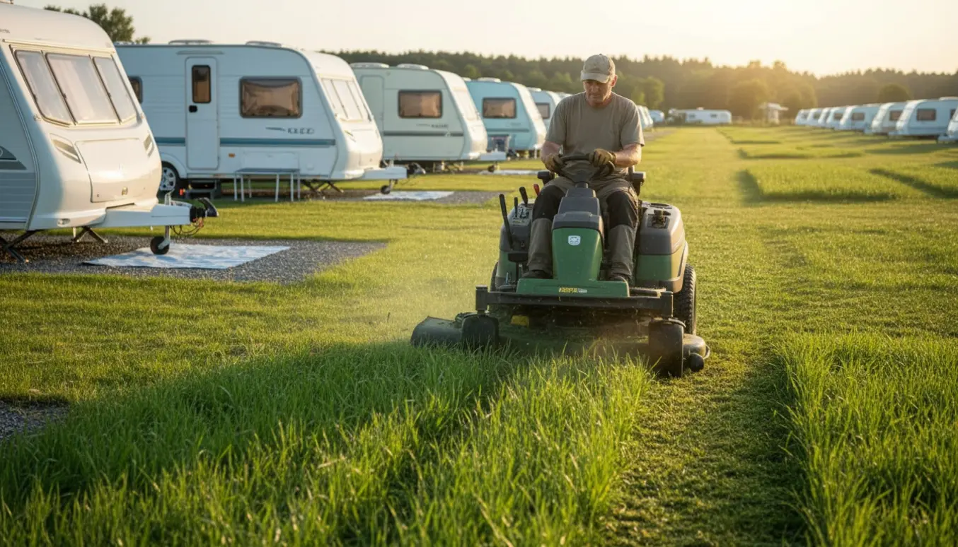 En havemand slår græs på en stor plæne med flere parkerede campingvogne i baggrunden.
