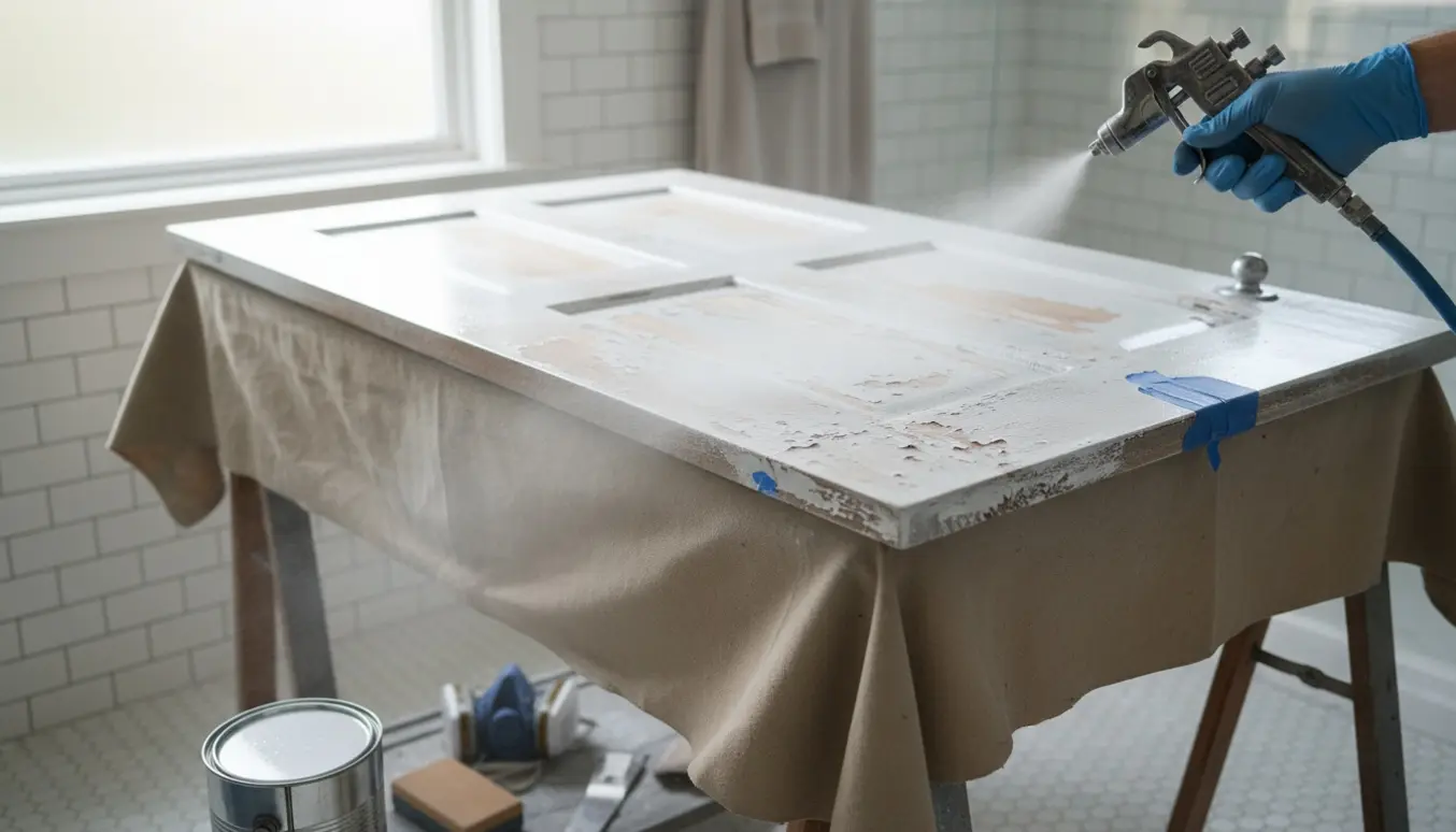 Hvid badeværelsesdør på bukke, der sprøjtemales efter afskallet maling med malertape og værktøj omkring.