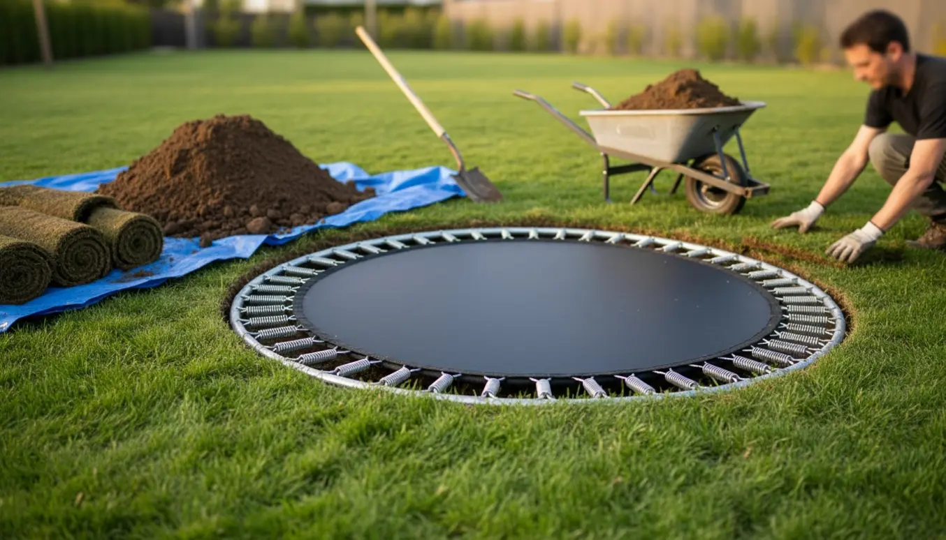 Delvist nedgravet oval trampolin i baghaven med opbunker jord og værktøj klar til installation.