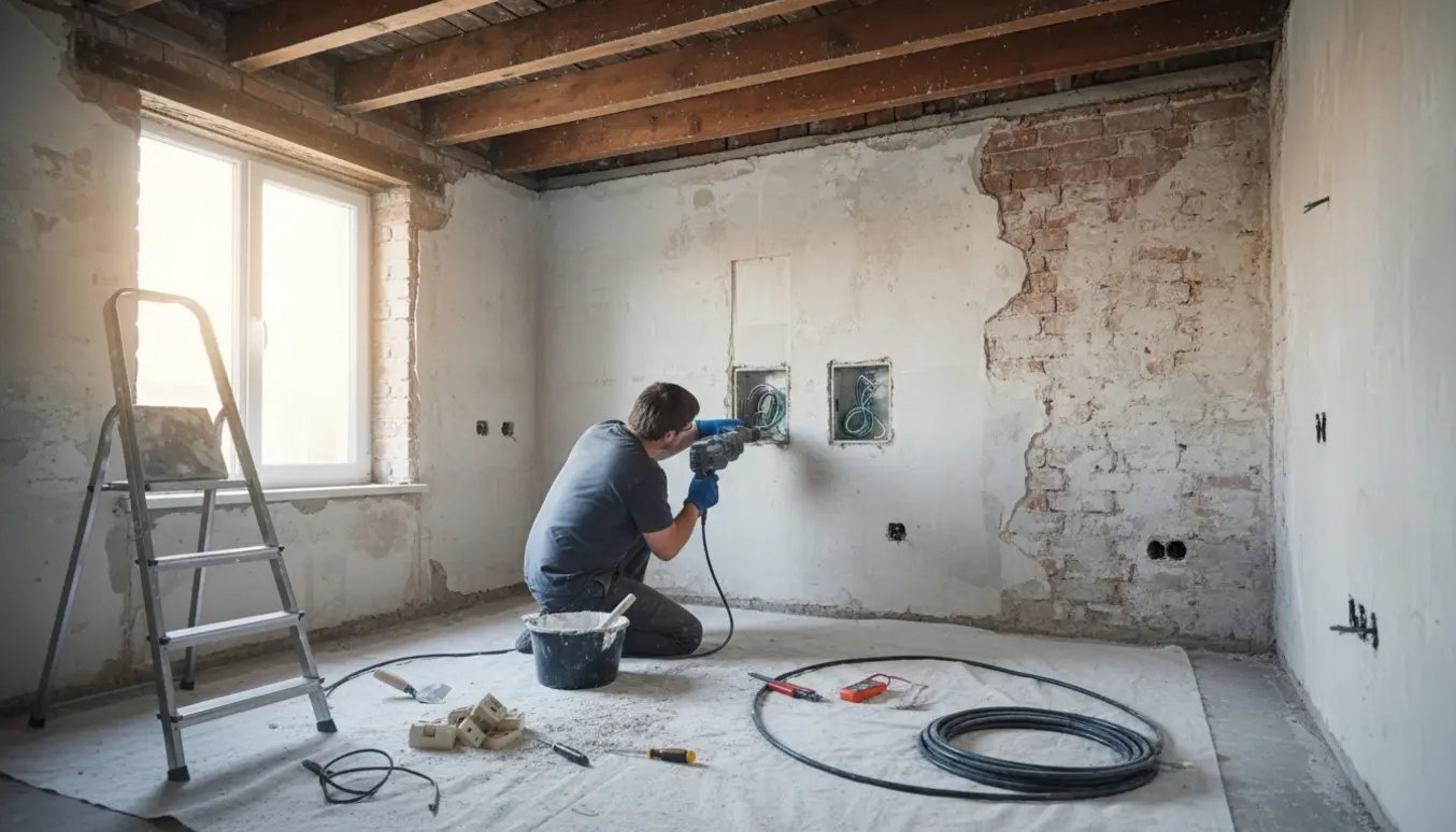 Elektriker arbejder med kabler og ny stikkontakt ved en pudset murstensvæg under blotlagte loftsbjælker.