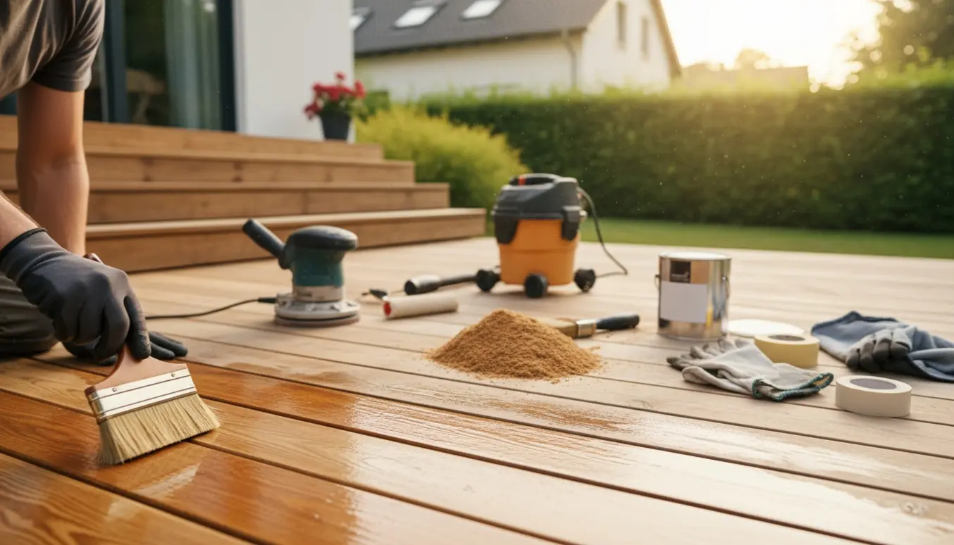 Slibning og olietilførsel af en stor træterrasse og trappe med slibemaskine og pensel.