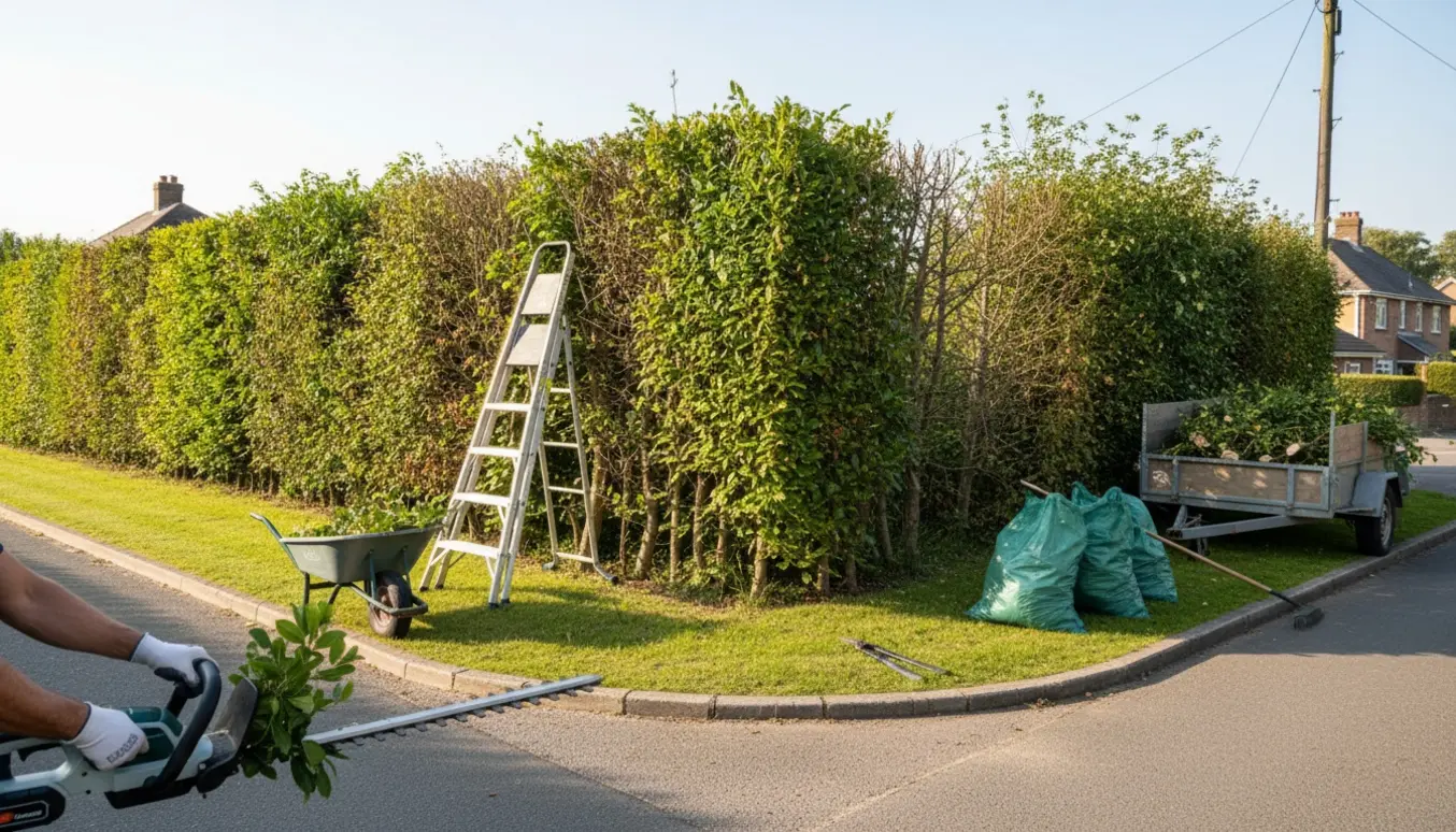 Hækkeklipning på en hjørnegrund med trimmer, trillebør og bunke af affald klar til bortkørsel.