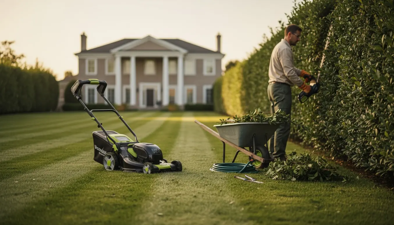 Person slår græs og trimmer hæk foran et stort hus i gyldent lys.